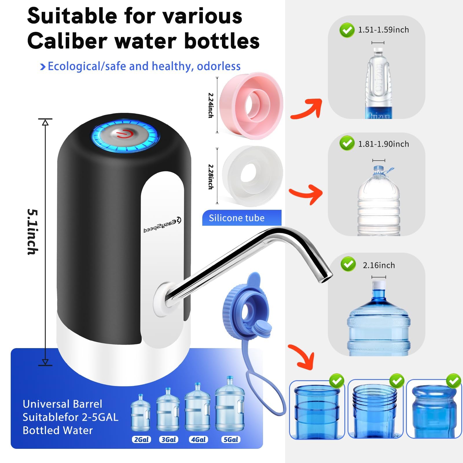 Water Dispenser for 5 Gallon Bottle Portable Electric Water Pump with 3 Adapters USB-C Charging Battery Powered Automatic Drinking Water Dispenser for Camping, Travel, Office,Black - 4
