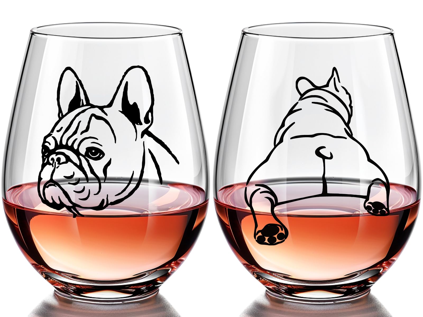 Physkoa French Bulldog Wine Glasses Set of 2 – 20oz Stemless Glasses with Bulldog Front & But – Funny Gifts for Dog Lovers, Couples, Him & Her,
