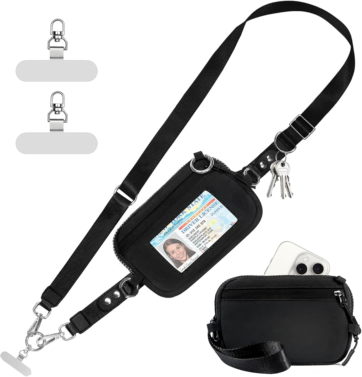 Tiostep Clip and Go Correa para teléfono con billetera, cordón para teléfono cruzado, billetera RFID ajustable y desmontable (negro, grande)