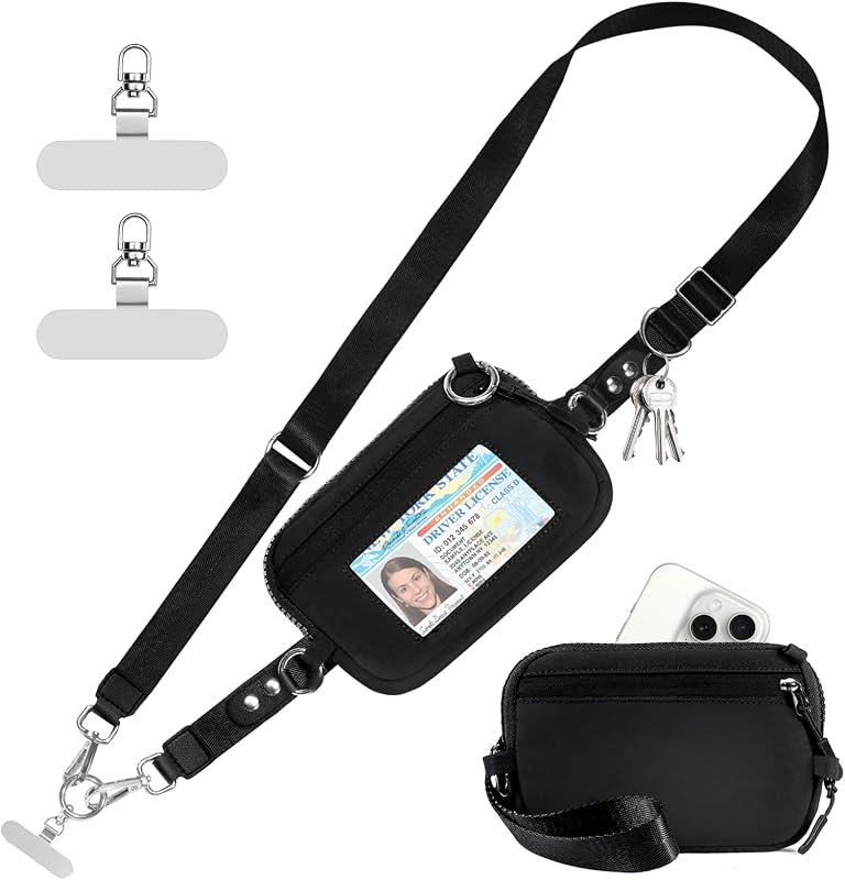 Tiostep Clip and Go Correa para teléfono con billetera, cordón para teléfono cruzado, billetera RFID ajustable y desmontable (negro, grande)