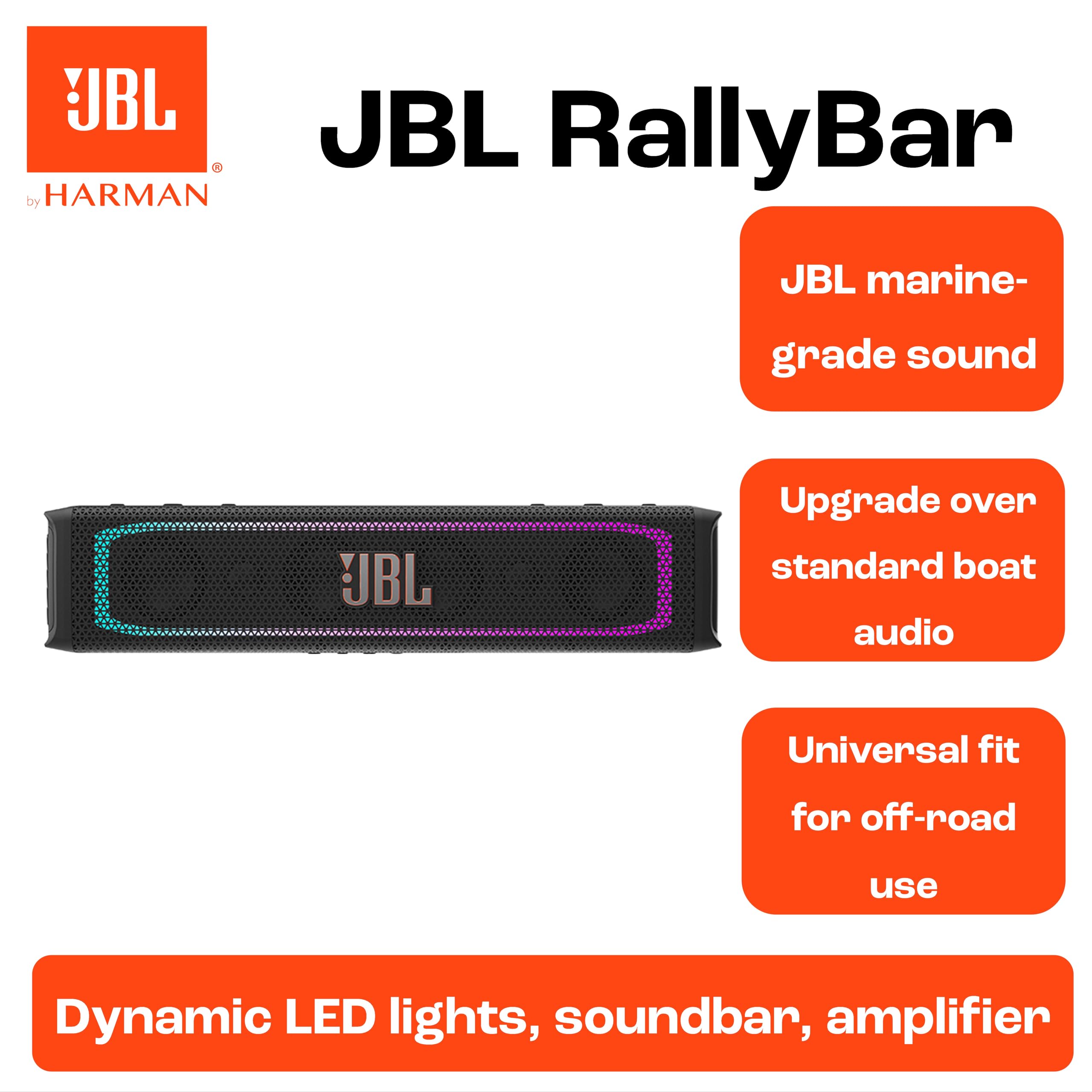 JBL RALLYBAR Soundbar Esterna 21 Pollici con 150W RMS e 300W Peak Bluetooth 5.3 IP66 resistente all’acqua luci LED ideale per UTV barche e veicoli ricreativi audio chiaro e potente con resa affidabile