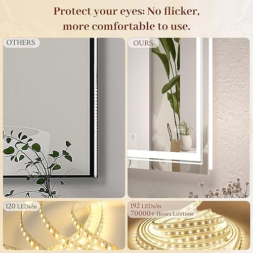 Miniatura 5 de Espejo LED de 28 x 32 pulgadas para baño con luz frontal y retroiluminada, espejos digitales para pared, antiniebla, regulable continuo, espejo