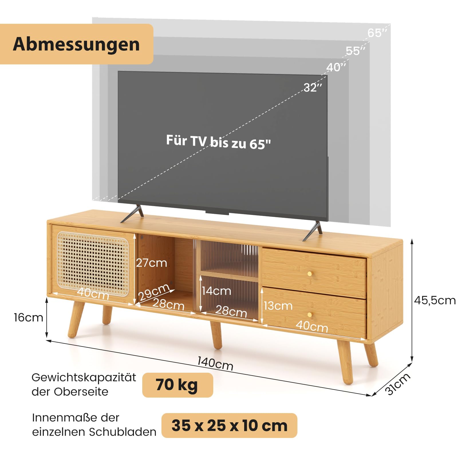 COSTWAY Bambusowa szafka pod telewizor z rattanowymi i szklanymi drzwiami przesuwnymi, stolik pod telewizor z 2 szufladami, szafka pod telewizory do 65 cali, do salonu, 140 x 31 x 45,5 cm