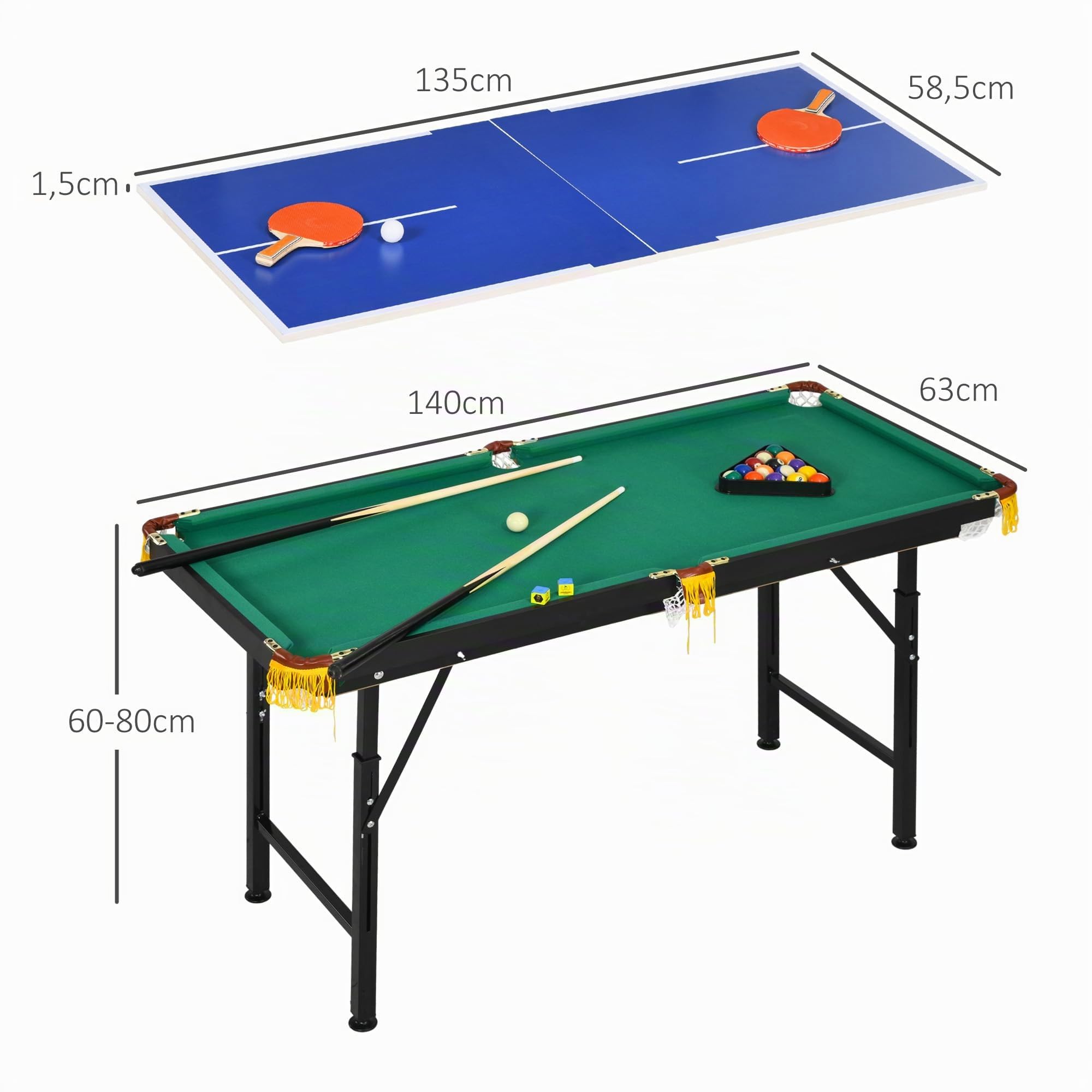 SPORTNOW Multigame Spieletisch 2-in-1 Stahl 140 x 63 x 60-80 cm Grün