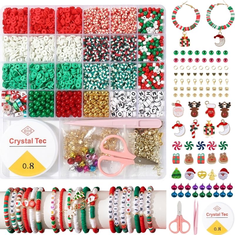 Christmas Beads for Bracelet Making Kit, 6000PCS Christmas Clay Beads Set, with Christmas Themed Charms & Glass, Pearls, Letter Beads, Friendship Bracelet kit for Craft Jewelry Lovers and Party