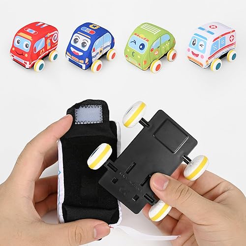 Miniatura 4 de Hiitytin Autos de tracción para niños pequeños de 1 a 3 años, 4 piezas de juguetes de felpa suave con tapete de juego, bolsa de almacenamiento,