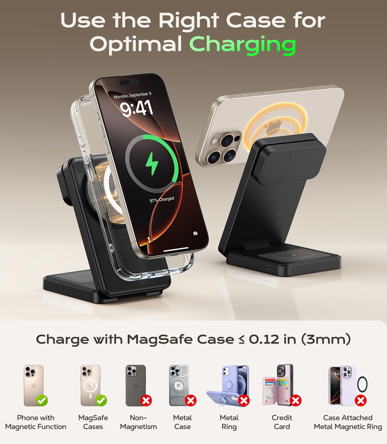 Estación de carga magnética 3 en 1, cargador inalámbrico rápido de 15 W compatible con soporte de cargador MagSafe para iPhone 17, 16, 15, 14, 13, 12, cargador de Apple Watch y AirPods, base de carga