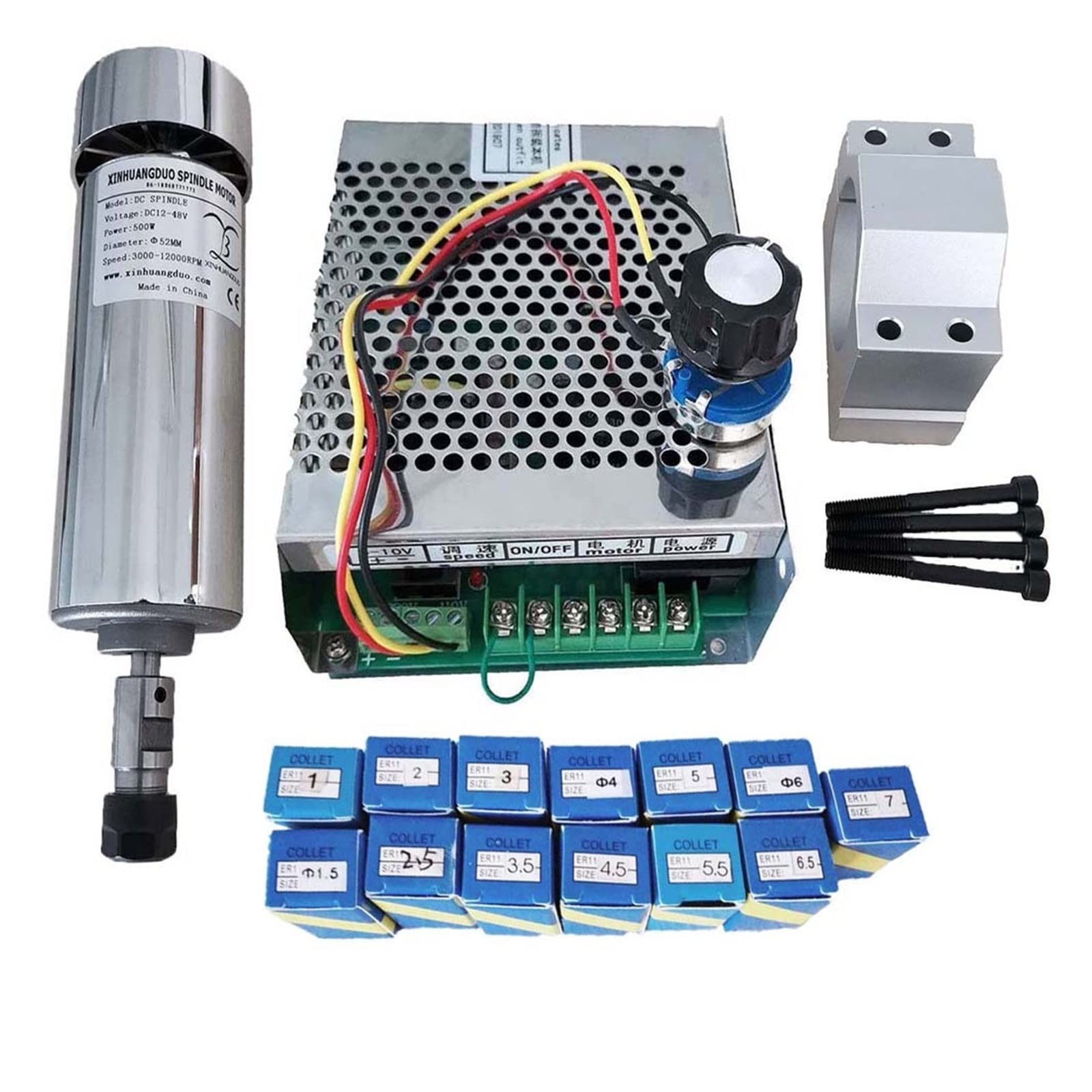 Mooilko Package 6 Air Cooled 0.5Kw Cnc Spindlemotor Kit Er11 Chuck 500W Spindle Motor + Power Supply Speed Governor For Engraving Smooth Running(Package 6)