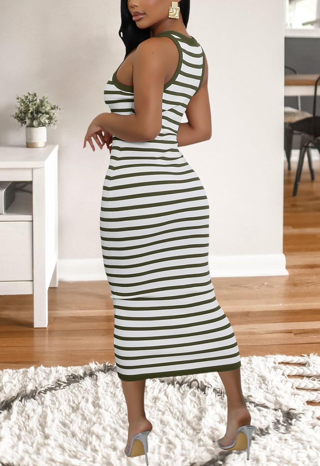 Women's Striped Summer Bodycon Tank Sleeveless Round Neck Casual Knit Pencil Midi Dresses - Image 7