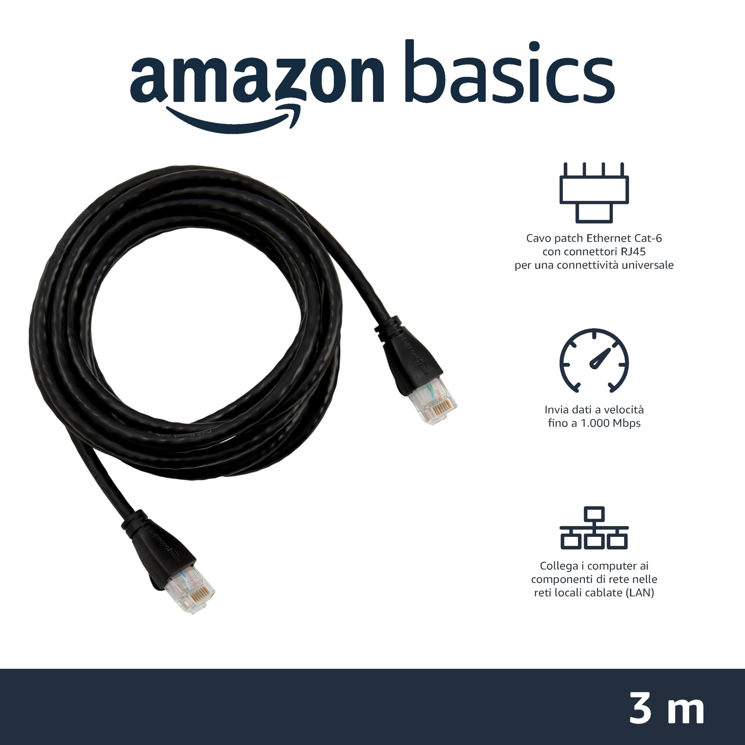 Amazon Basics Cavo Patch Ethernet di Cat 6 con connettori RJ45, 3 m, Confezione da 5, Nero