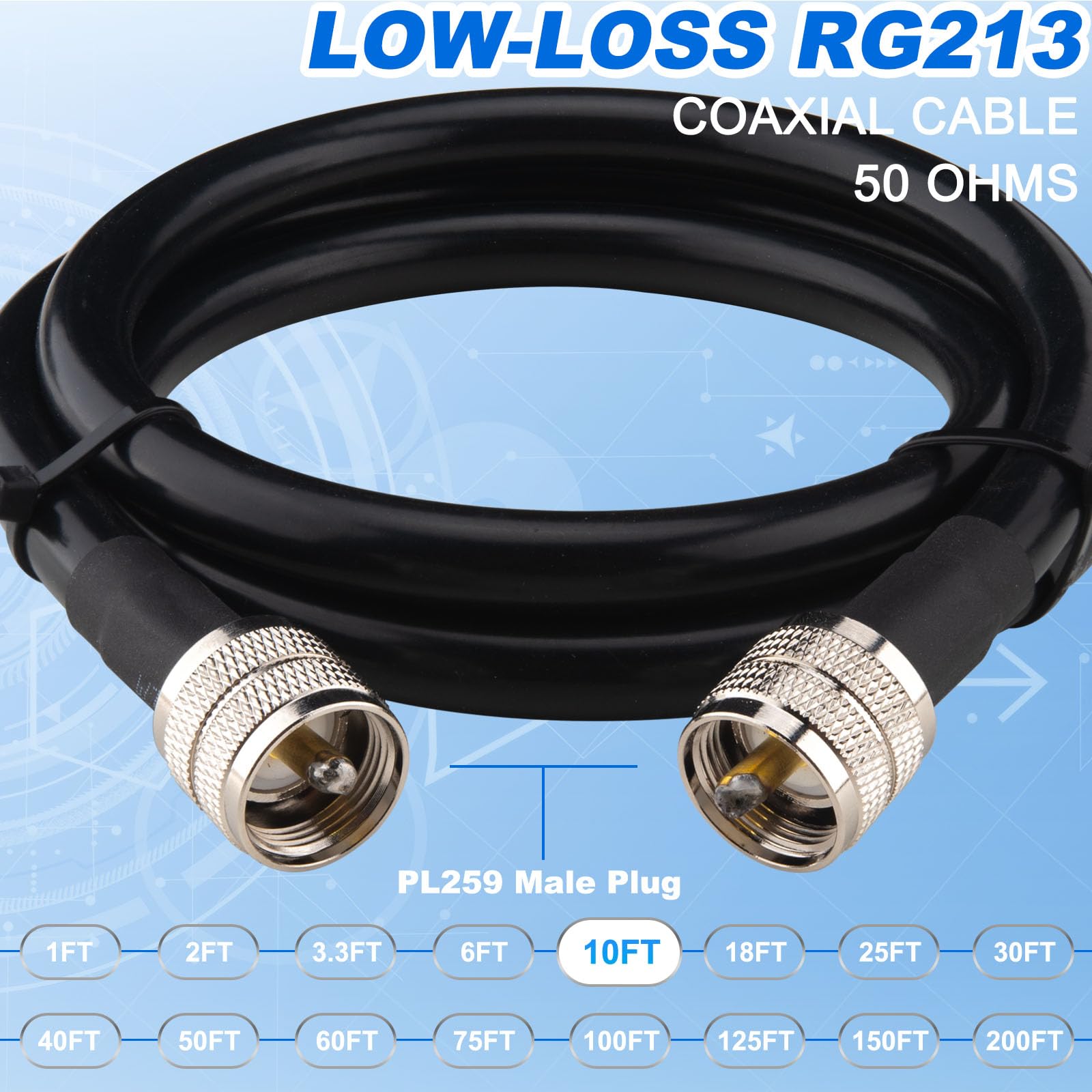 Cavo coassiale RG213 da 3 m, con connettori PL259, cavo coassiale CB da 25,4 cm