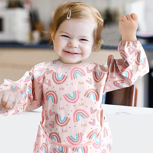 Miniatura 5 de SPINFOX Paquete de 2 batas de bebé para comer, babero a prueba de desorden, baberos impermeables para bebés de 6 a 24 meses