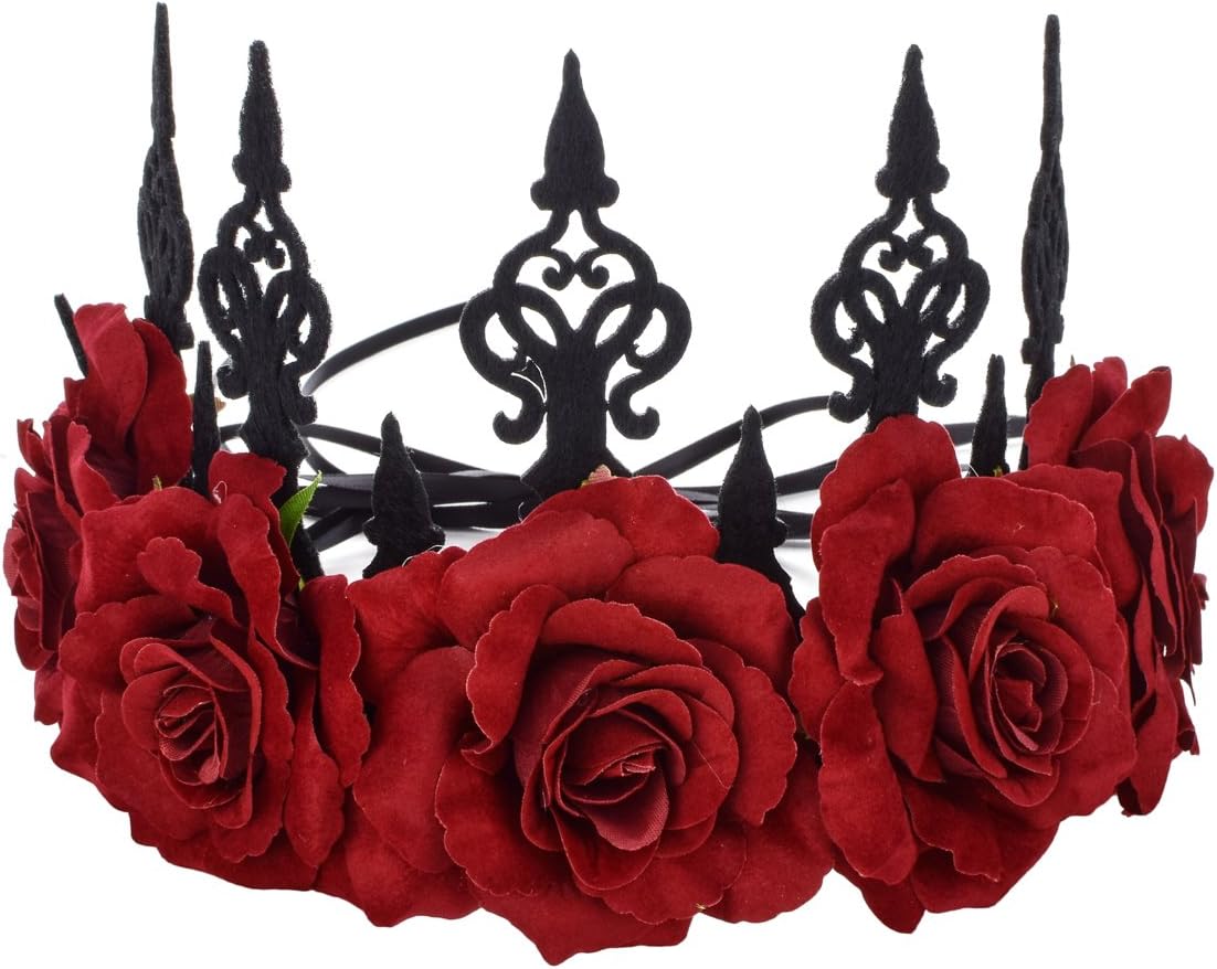 Floral Fall Rose Red Rose Flower Crown Woodland Hair Wreath Festival Headband F-67 (Tiara Burgundy)