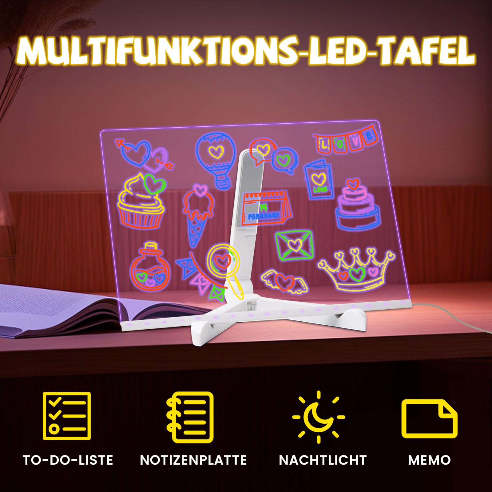 LED Notiztafel 30x20cm - Leuchtende Schreibtafel Mit 7 Farben & Ständer