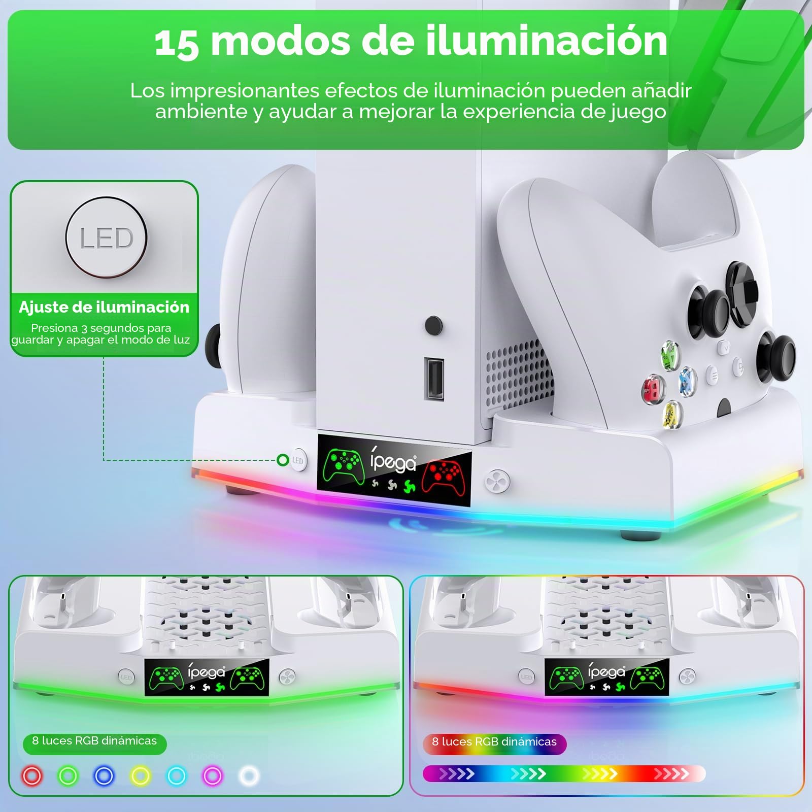FYOUNG Estación de carga para consola Xbox Series S, accesorio de estación de carga de controlador vertical actualizado con 15 luces RGB, sistema de ventilador refrigerador, 2 baterías recargables de