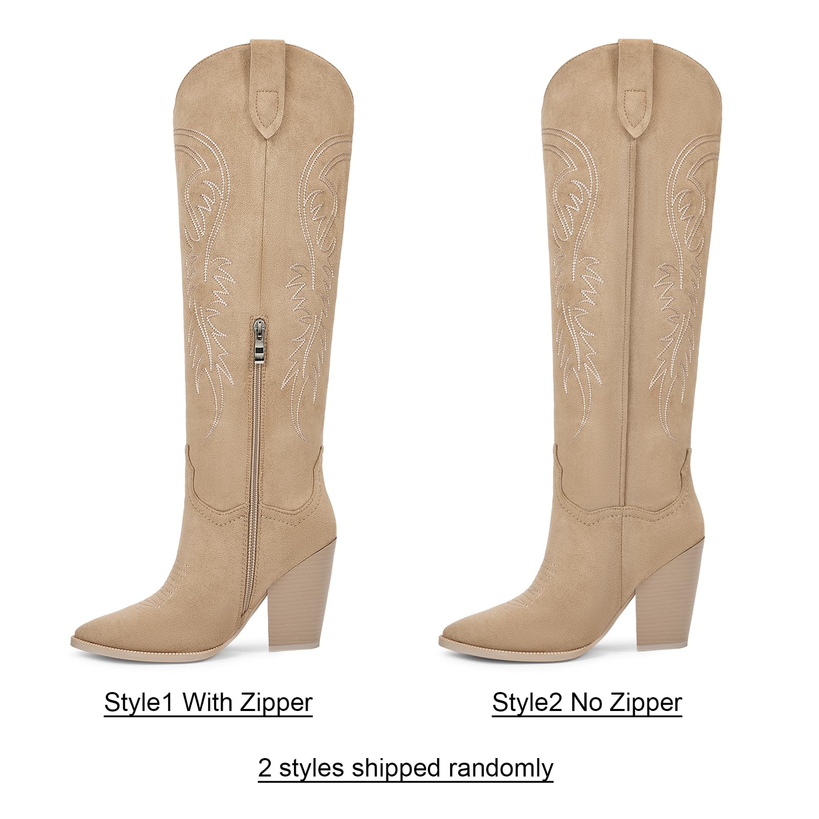 ISNOM Women's Cowgirl Boots Pull On Knee High Boots, Cowboy Western Embroidered Chunky Block Heel Pointed Toes Boots: 9 Suede Nude