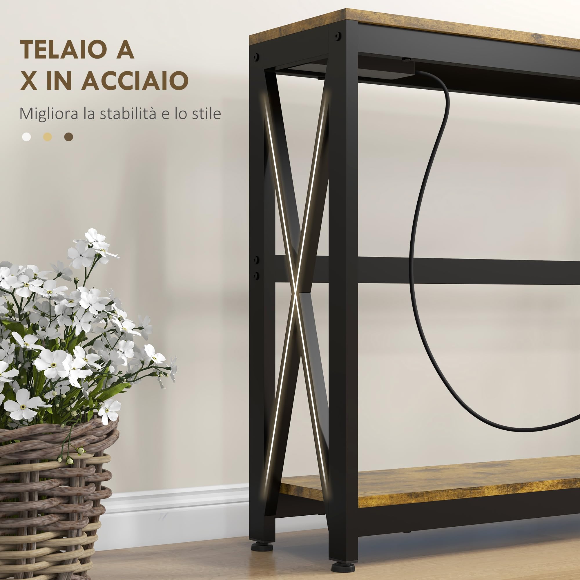 HOMCOM Mesa Consola Industrial con 2 USB 100x24x75 cm Marrón Rústico | Estación de Carga, Mesa de Entrada de 2 Niveles, Marco de Acero, Mueble de Recibidor, para Salón Pasillo