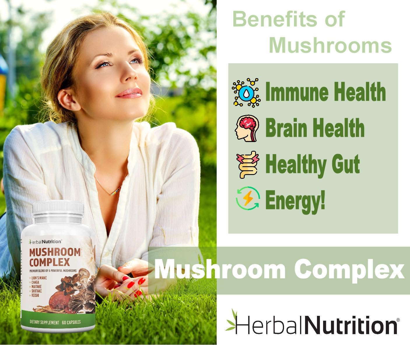 Herbal Nutrition Mushroom Complex 700mg to 1400mg. The 5 Most Powerful Mushrooms - Lions Mane, Reishi, Chaga, Maitake, Shiitake - Supports Immune Health, Nootropic Brain Health for Memory & Focus