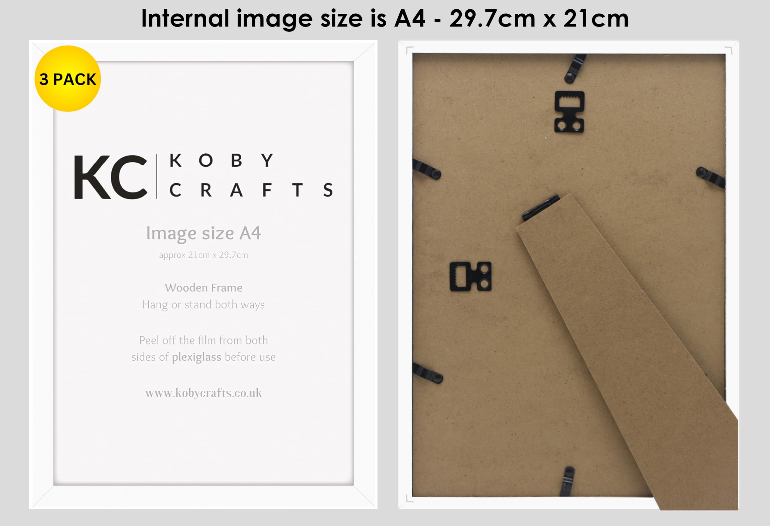 Koby Crafts 3 Pack White Wooden A4 Photo Frames - 21x29.7cm, Tabletop or Wall Mount, Free Stand or Hang Portrait/Landscape - Image 3