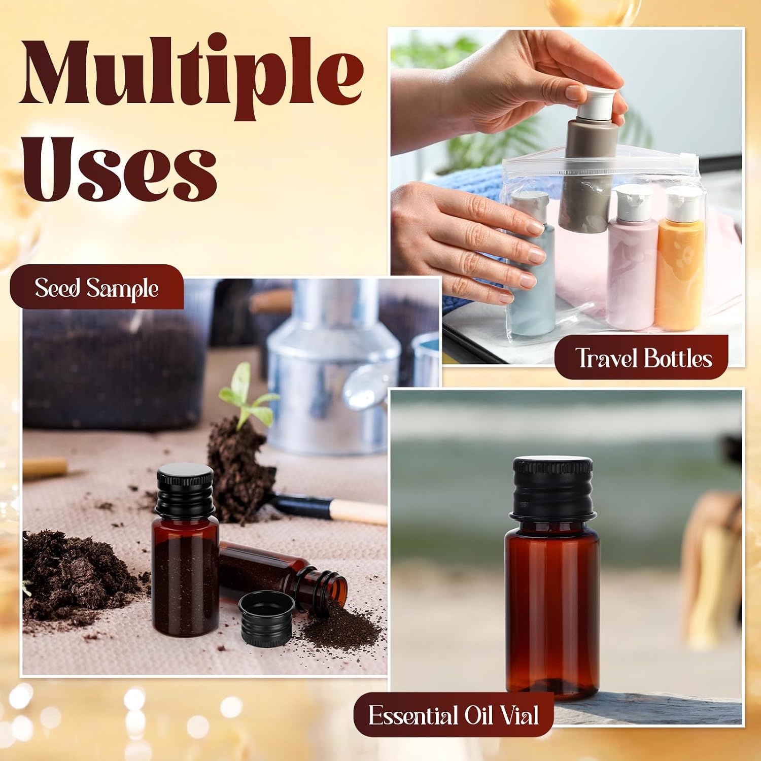 200 Pcs 10ml Mini Plastic Bottles Vials Tiny Jar with Aluminum Screw Lid Cap Clear Plastic Sample Container with Sealed Top Metal Lid for Cosmetic Essential Oil Specimen(Black and Amber)