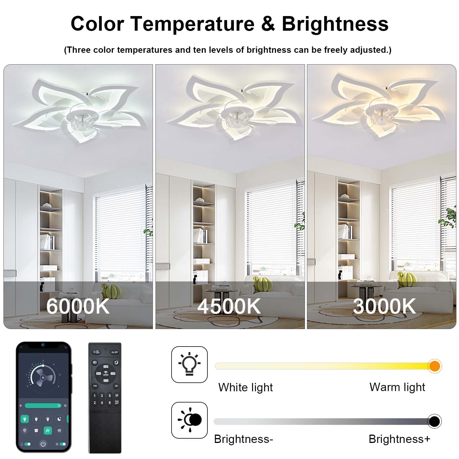 Lampadario Con Ventilatore Da Soffitto Design Silenzioso Moderno Dimmerabile DC Reversibile 6 Velocità Ventilatore Da Soffitto Con Luce E Telecomando Telecomando Per Camera Da Letto Salotto-White