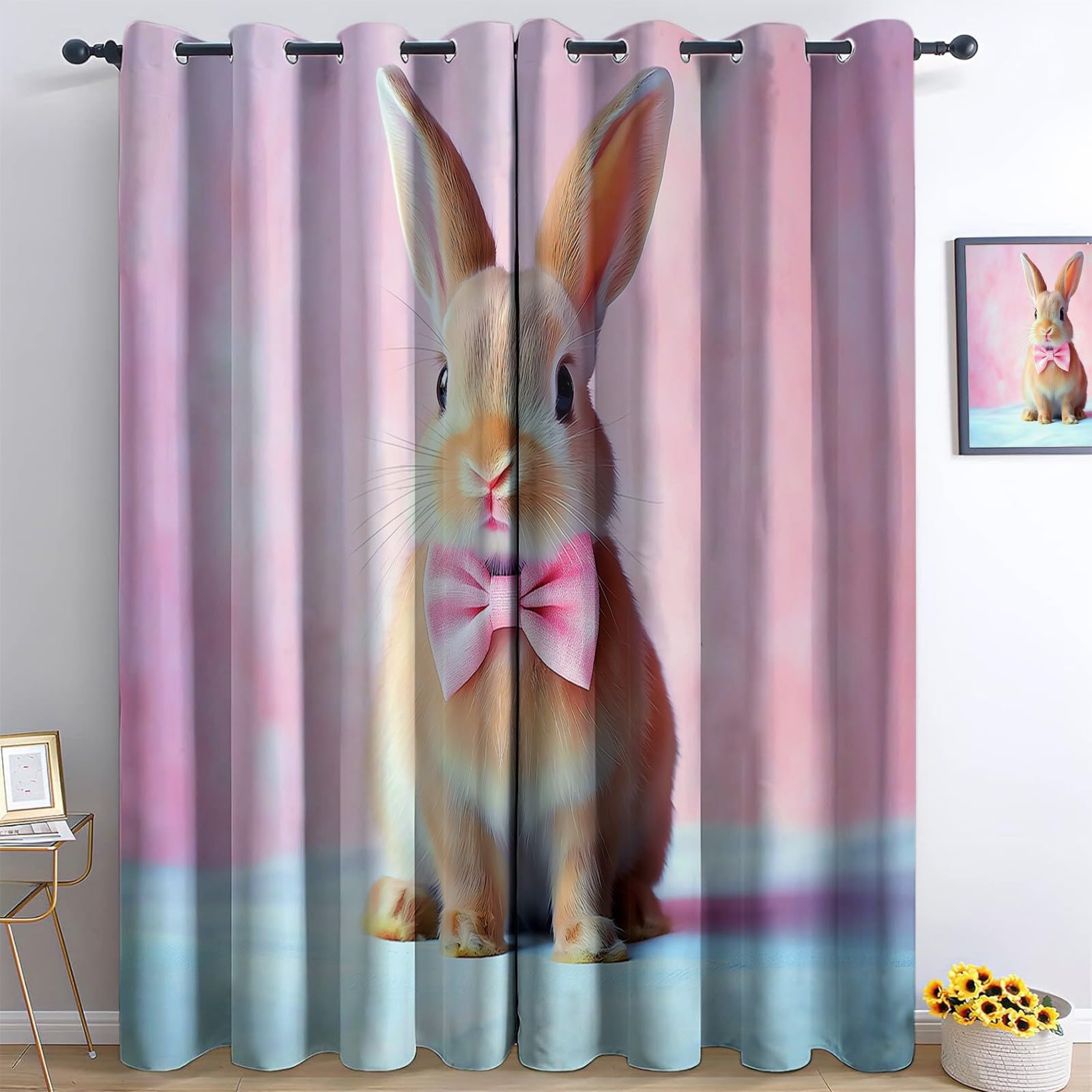 Genérico Rosa Cortinas Opacas térmicas Que bloquean la luz, Muro De Ladrillos con Conejito Y Lazo Cortinas Opacas con Ojales para Dormitorio y Sala de Estar 140 x 260 cm (2 Paneles)