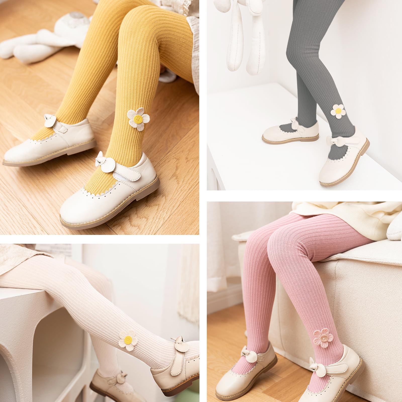Collants Filles,2Pièces Collants Bébé Avec Jolie Décoration de Tournesol,Leggings Bas Sans Couture Collants Nouveau-né Gris/Gingembre/Rose/Blanc,2-9 Ans