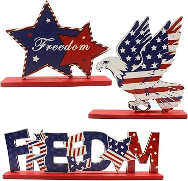 4th of July Table Decorations Patriotic Desk Decor 3 Pcs Wooden Stars Eagle Freedom Memorial Day Red White and Blue Decor