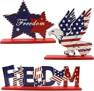 4th of July Table Decorations Patriotic Desk Decor 3 Pcs Wooden Stars Eagle Freedom Memorial Day Red White and Blue Decor