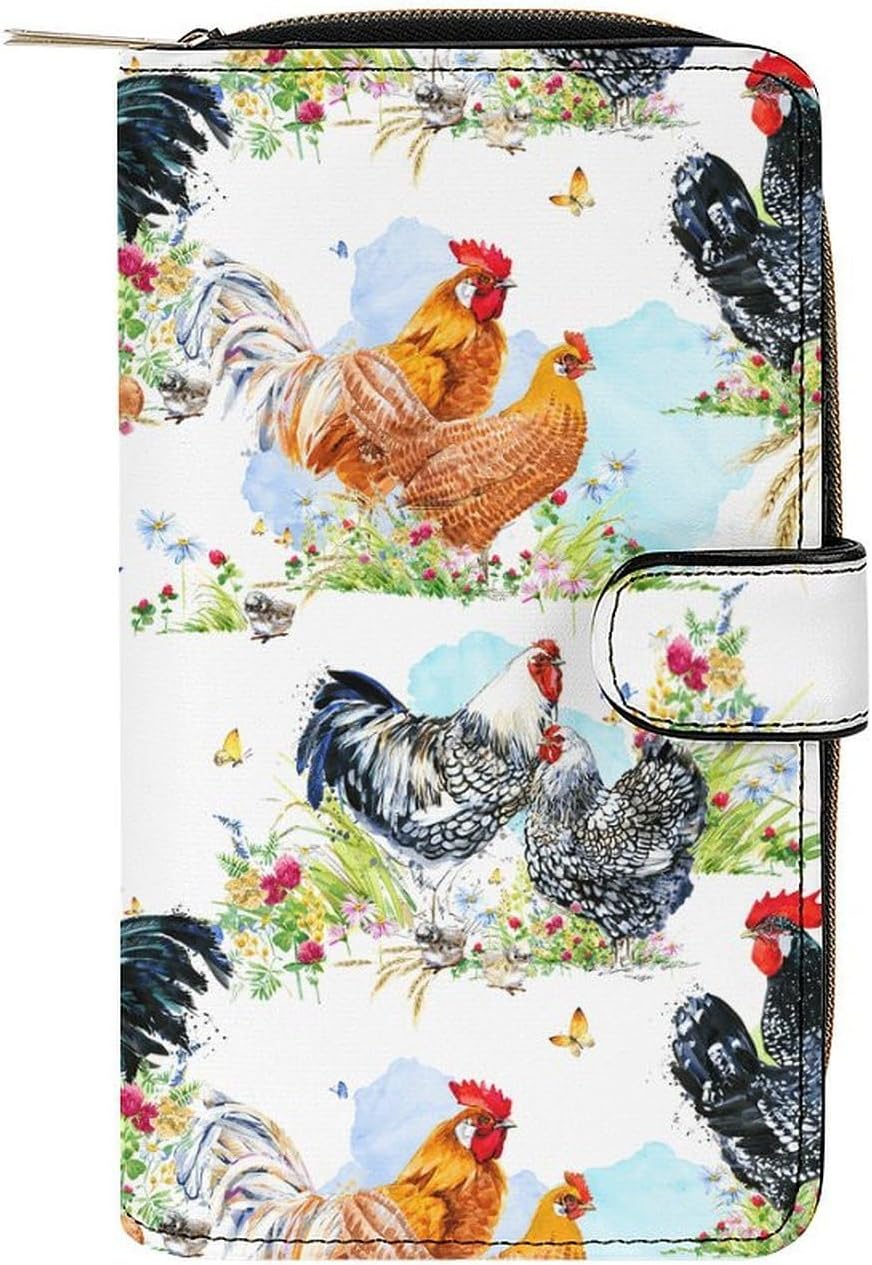 Rooster Chicken Watercolor Flowers Leather Multifunctional Wallet, Portable And Large Capacity