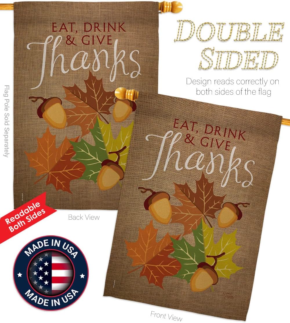 Breeze Decor H113052 Eat, Drink & Give Fall Thanksgiving Decorative Vertical House, Thick Fabric, Large Flag Only