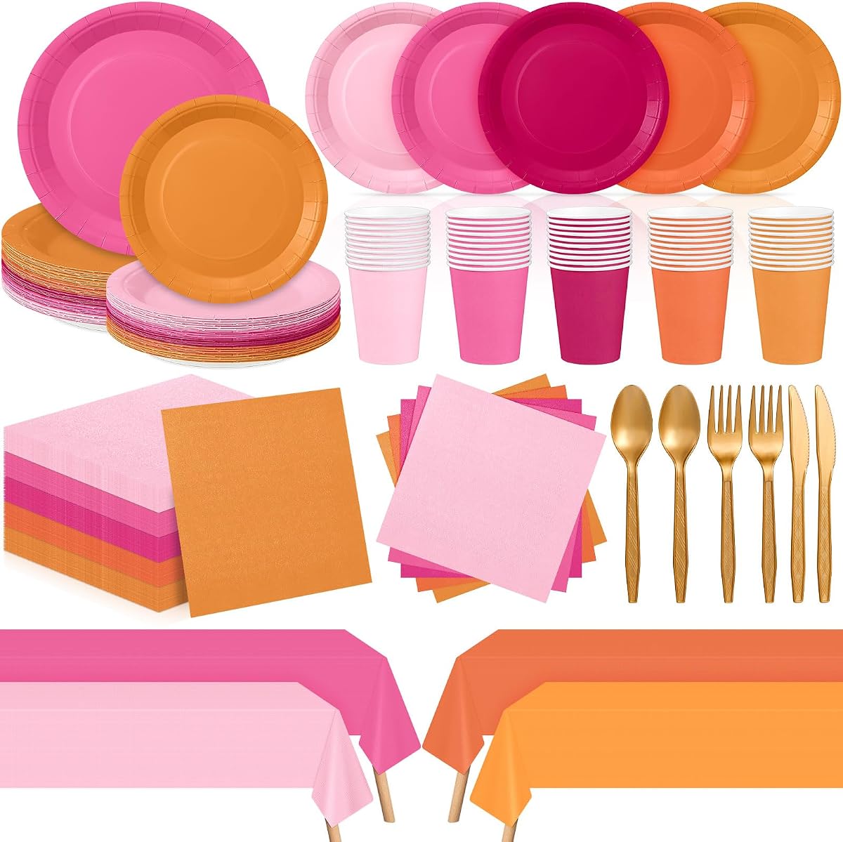 354 Pcs Pink and Orange Party Supplies Disposable Tableware Set with Plates Cup Napkins Spoon Fork Knife Tablecloth Serves 50 for Summer Sunset Wedding Baby Shower Birthday Decorations