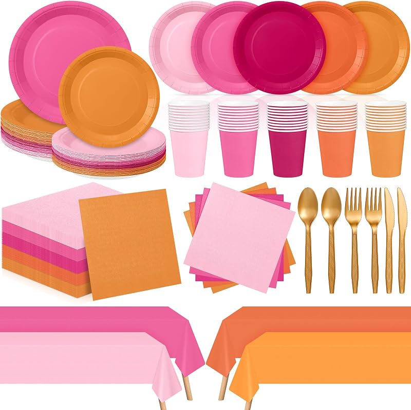 354 Pcs Pink and Orange Party Supplies Disposable Tableware Set with Plates Cup Napkins Spoon Fork Knife Tablecloth Serves 50 for Summer Sunset Wedding Baby Shower Birthday Decorations