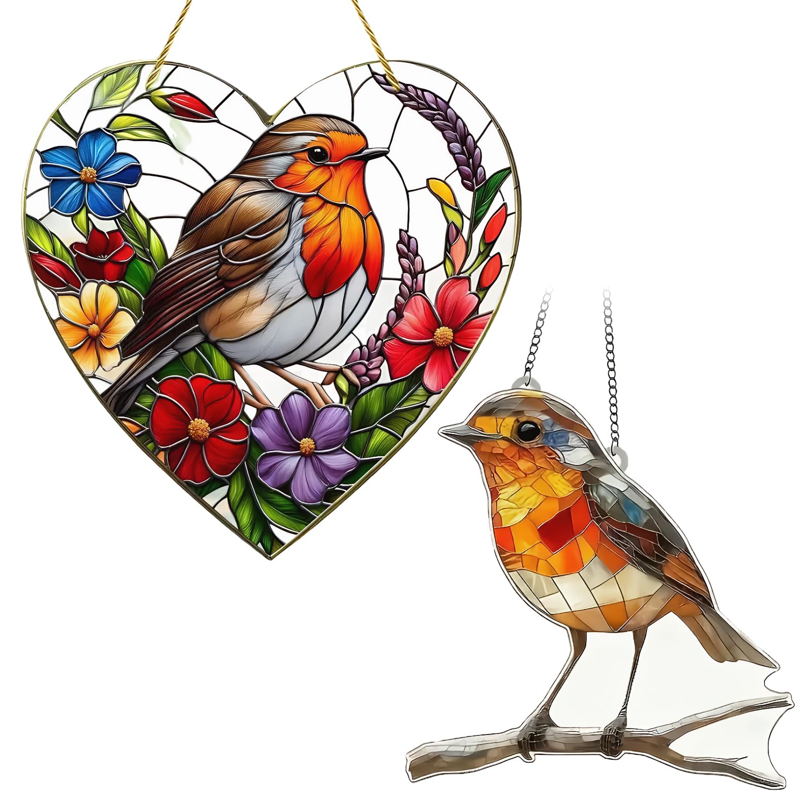 2 Pcs Sun Catchers for Windows Colorful Acrylic Hanging Garden Suncatchers for Windows Home Wall Robin Garden Ornaments Outdoor with Chain Robin Gifts to Bird Enthusiasts (20x20cm)