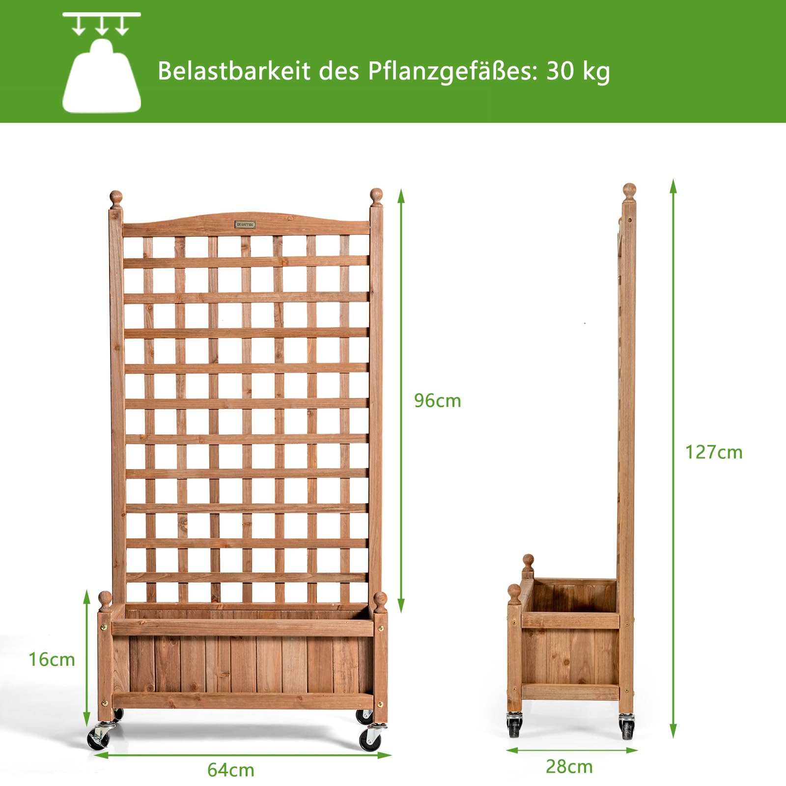 COSTWAY Skrzynka na kwiaty z kratką dla roślin pnących, drewniana skrzynka na rośliny, do roślin pnących, podwyższona grządka z pergolą, pergola ogrodowa z otworami drenażowymi, do ogrodu, na podwórko
