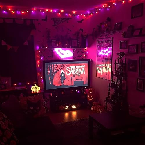 Miniatura 5 de Paquete de 2 luces de Halloween naranjas y púrpuras, 200 luces LED, 66 pies, enchufe con 8 modos, luces de Halloween impermeables para exteriores,