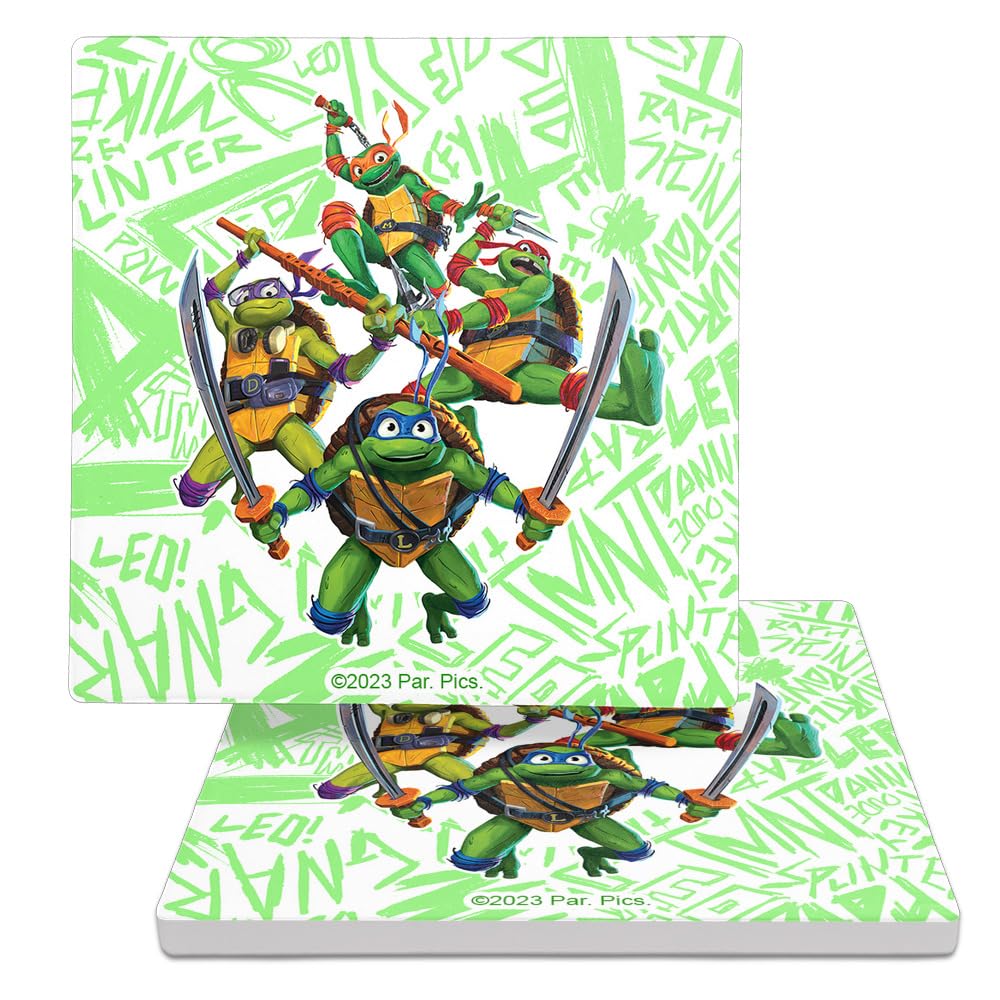 TMNT Mutant Mayhem Group Shot Square Ceramic Coasters, Set of 2, 3.9", Cork Base