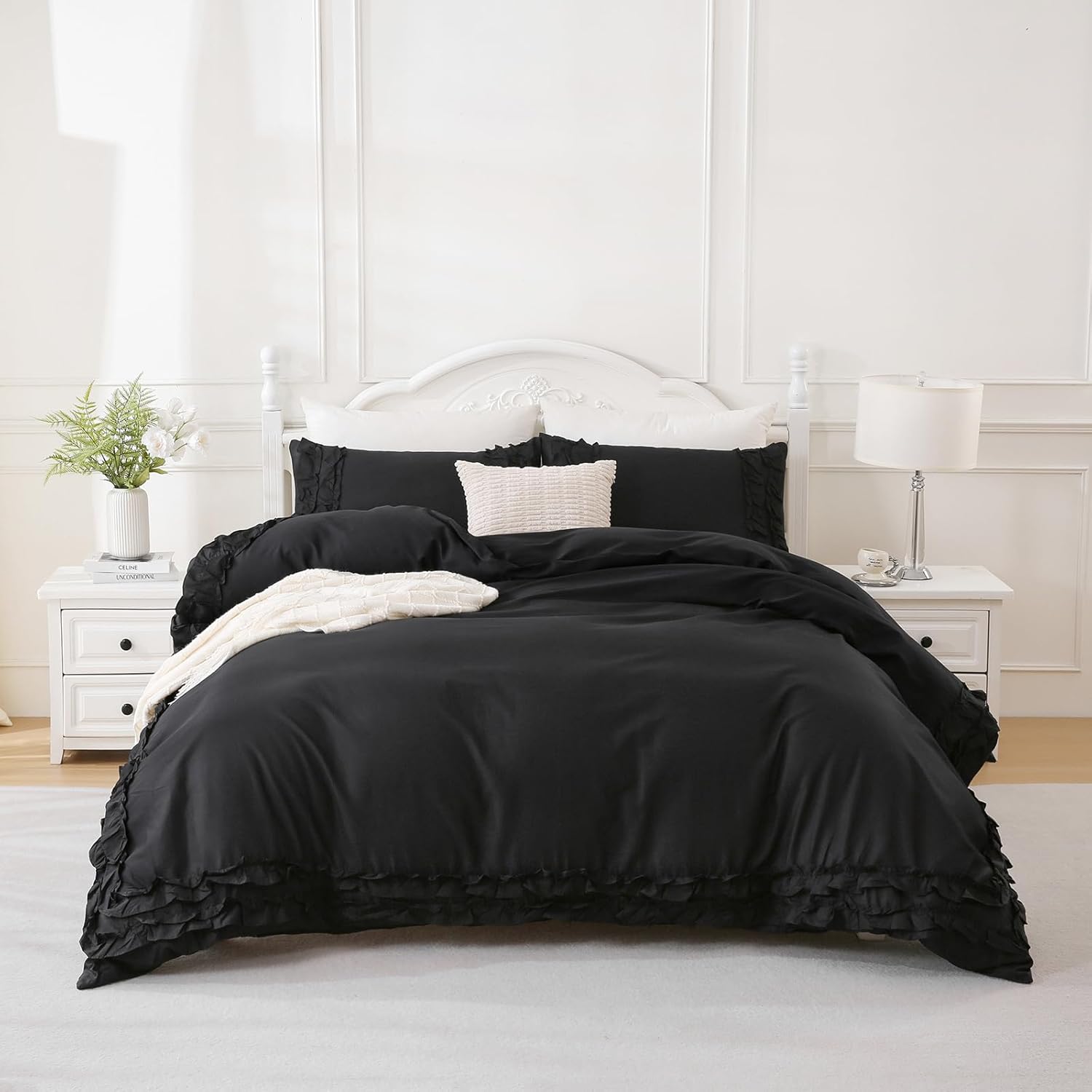 Merryword 100% Cotton Ruffled Duvet Cover Set Queen, Black Shabby Chic Farmhouse Bedding Set French Country Cute Comforter Cover