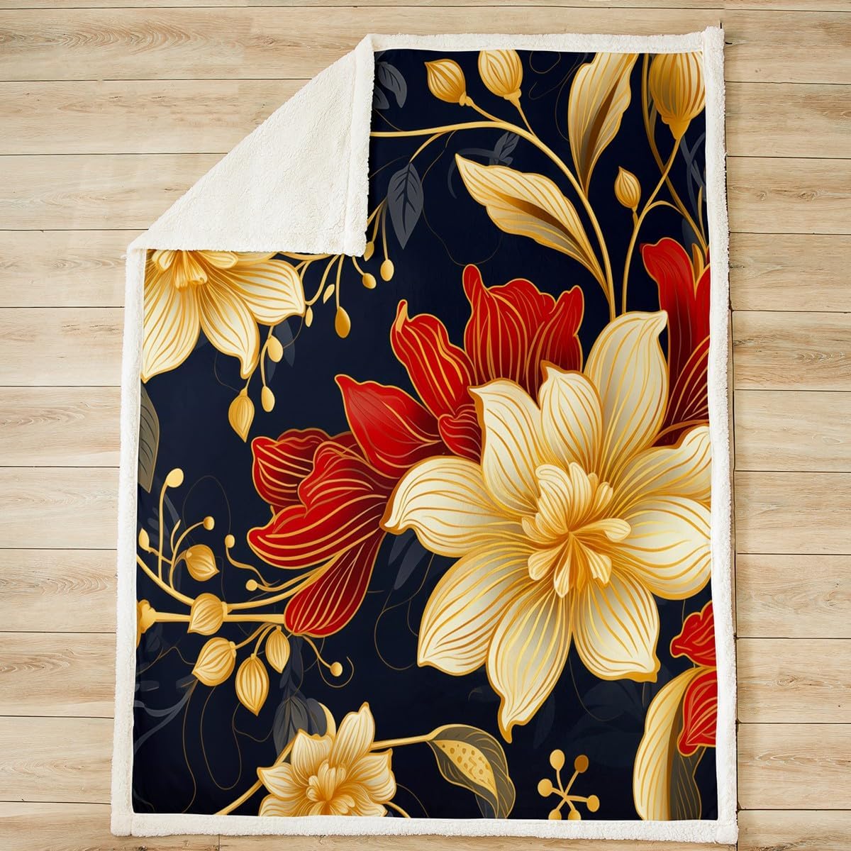 Feelyou Yellow Red Floral Fleece Throw Blanket Farmhouse Peony Flower Sherpa Blanket for Kids Boys Girls Vintage Plant Plush Blanket Floral Fuzzy Blanket for Sofa Bed Couch,Twin 60x80 Inches