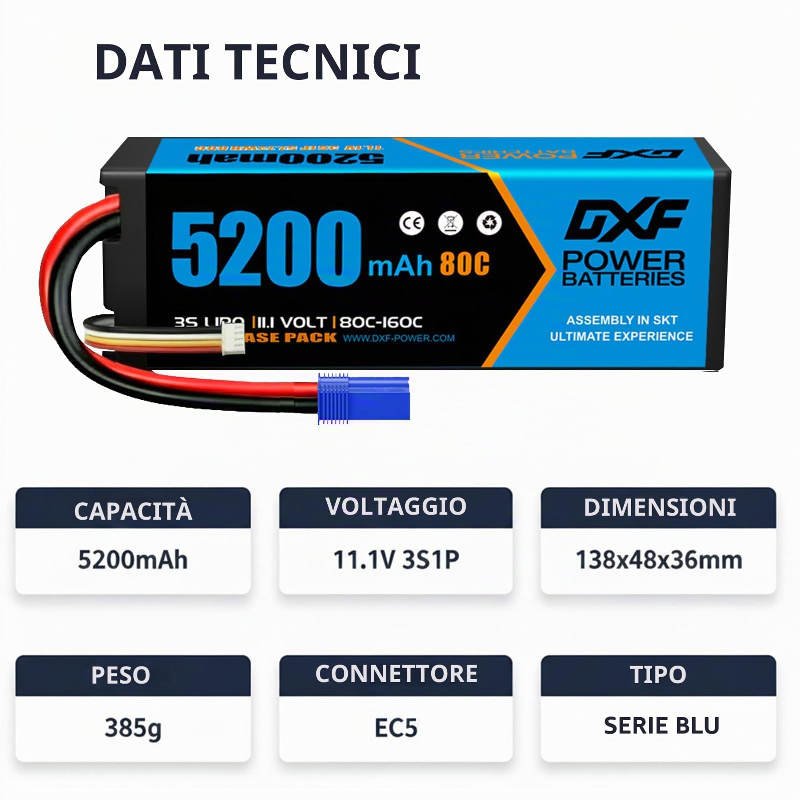 DXF Batteria LiPo 3S 11.1V 5200mAh 80C Spina EC5 Elicottero Aereo Barca Auto RC Alte Prestazioni Potente Leggera Gare Racing Modellismo Brushless 2 Pezzi