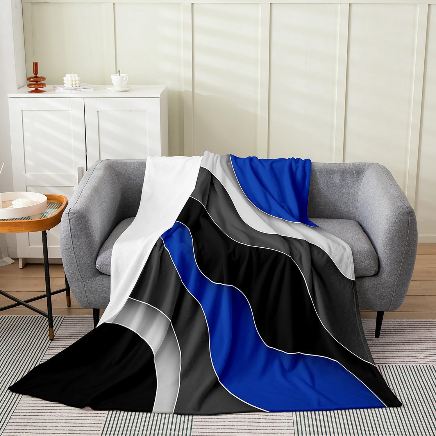 Abstract Waves Fleece Blanket,Black Gray Navy Wavy Lines Gradinet Ombre Bed Blanket for Kids Teens,Modern Geometric Splicing Flannel Blanket for Room Decor,Queen 90"x90"