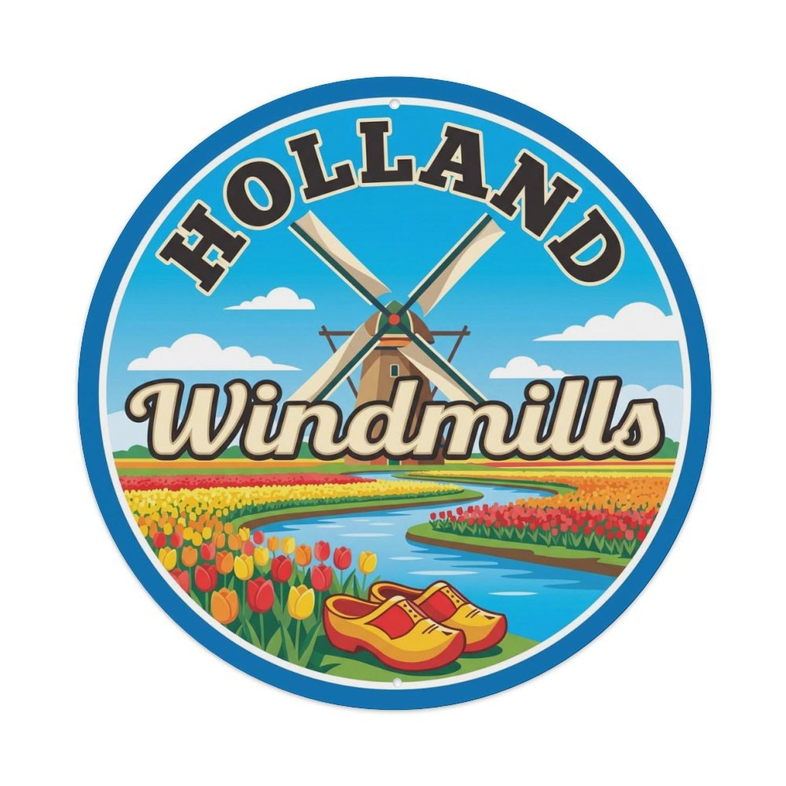 Vintage Travel Dutch Windmill Netherlands Metal Tin Sign Plaque Wall Decor for Cafe, Club, Garden Round Metal Poster 8x8Inch