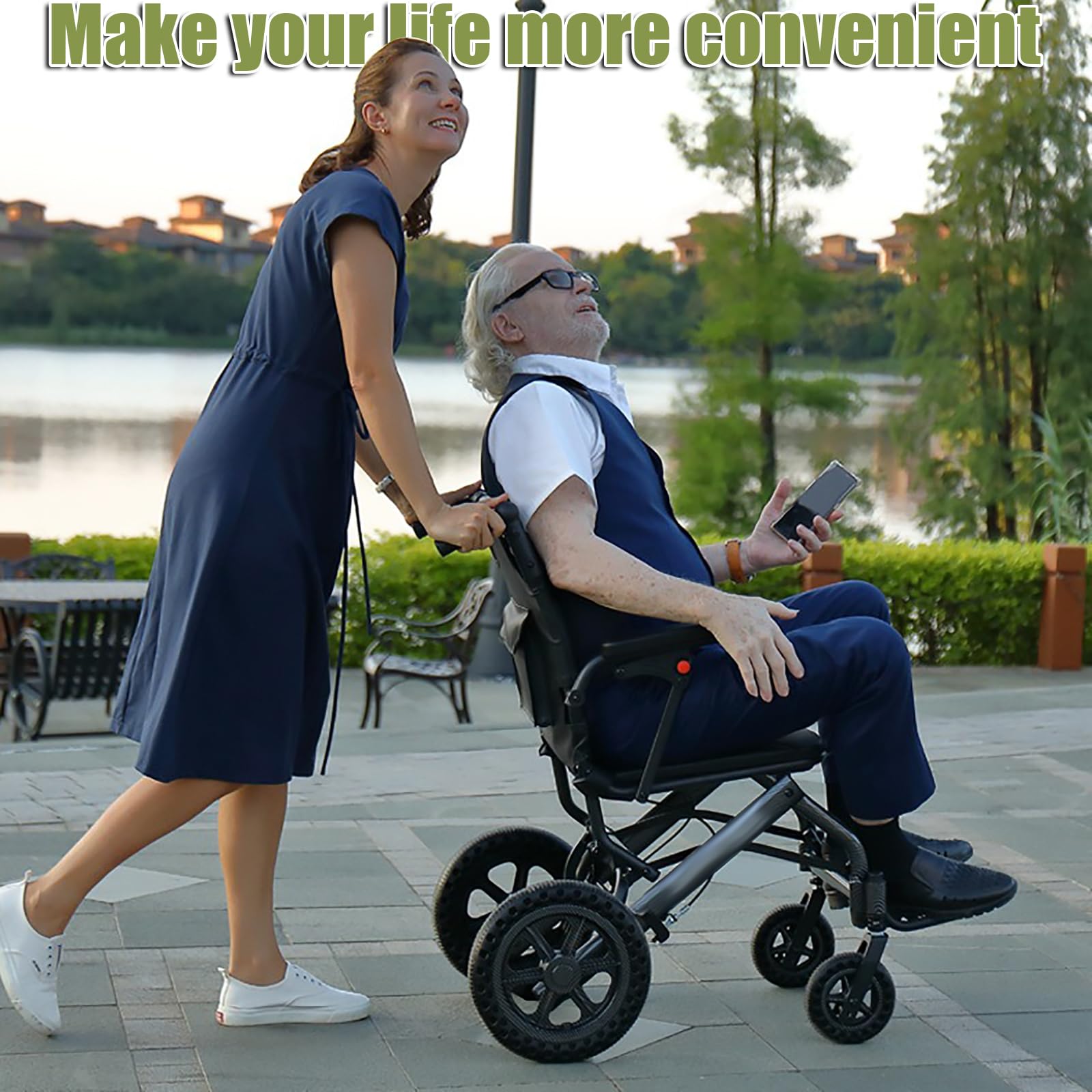 Silla de ruedas portátil de tránsito, sillas de ruedas de transporte plegables para adultos y personas mayores, silla de ruedas de aluminio ligera para ancianos,Negro