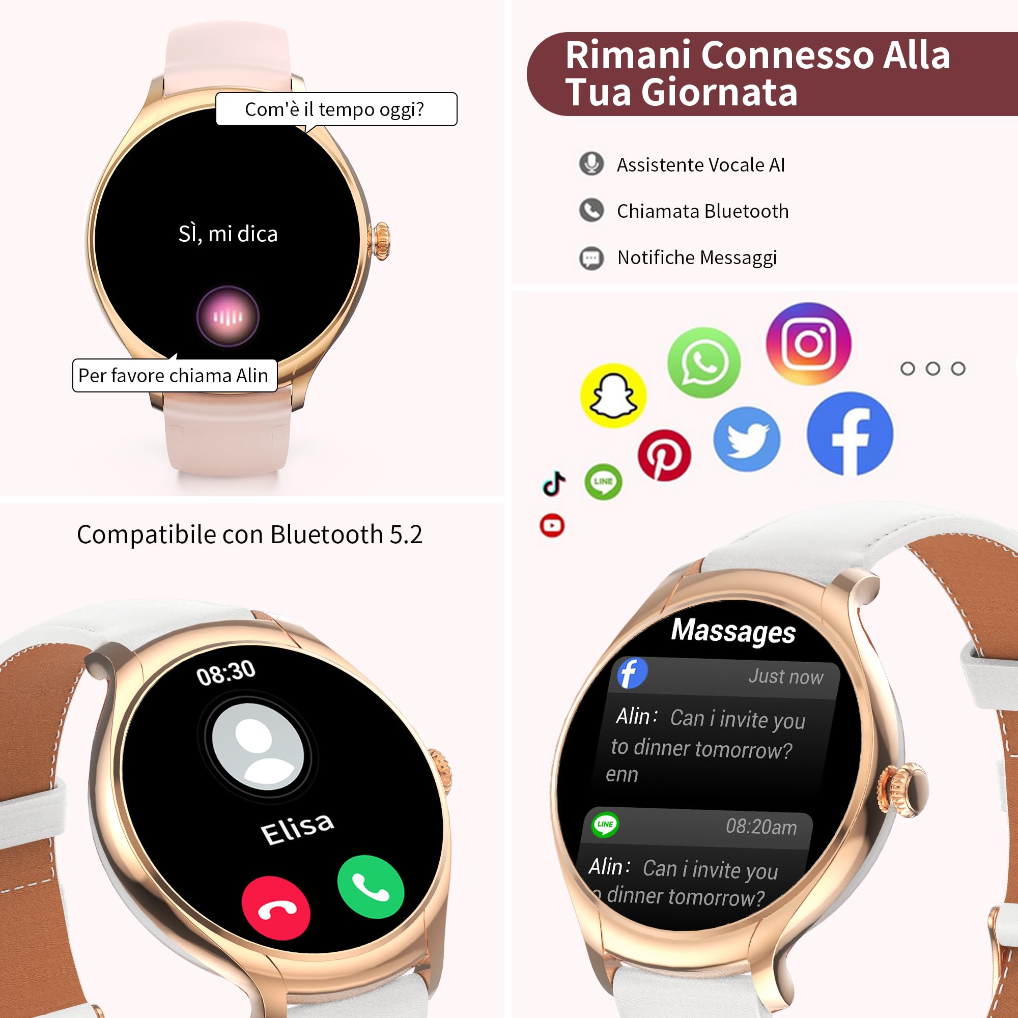 Smartwatch Donna Effettua e Risposta Chiamate,1.39'' Orologio Intelligente con Notifiche Messaggi Cardiofrequenzimetro/SpO2/Sonno,100+ Modalità Sport Fitness Tracker per Android iOS(Argento)