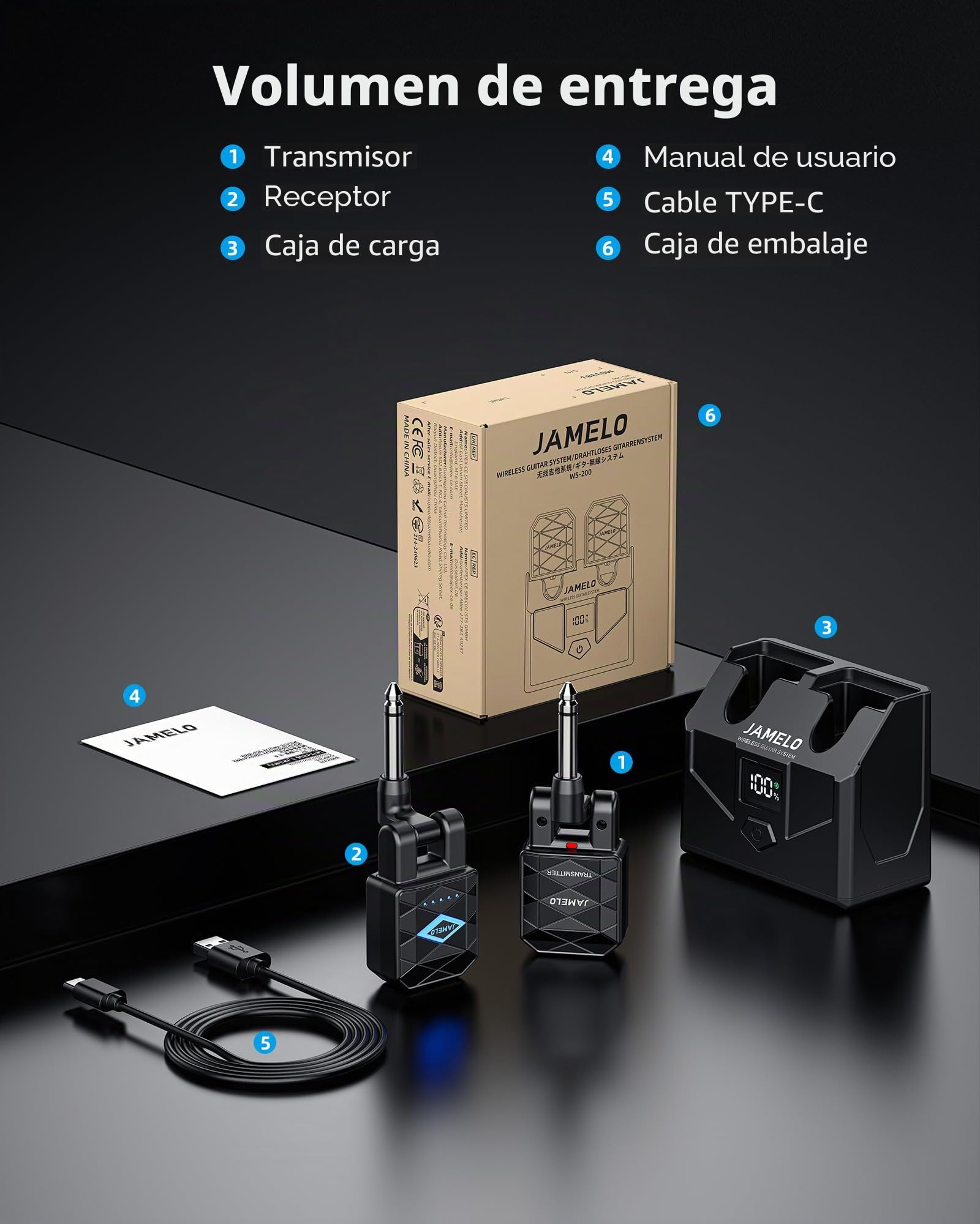 JAMELO Sistema de guitarra inalámbrico con estuche de carga, receptor transmisor de guitarra de baja latencia de <5 ms con 4 canales, 15 horas de reproducción, cable jack inalámbrico recargable para