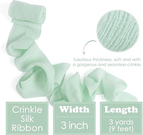 Miniatura 2 de HUIHUANG Cinta de seda arrugada de 3 pulgadas de ancho, cinta de seda verde menta, rústica teñida a mano, cinta de gasa de seda para boda, ramo de