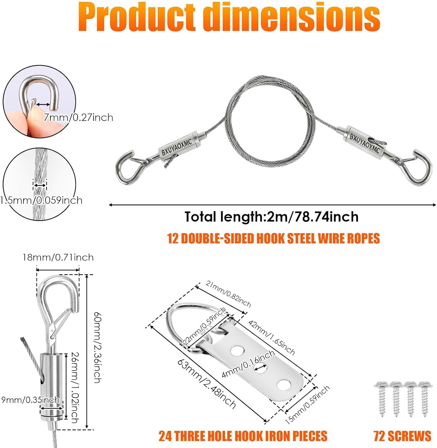 12 Pack Heavy Duty Picture Hanging Wire Kit, 6.56 FT Adjustable Stainless Steel Wire Rope with 24 D-Rings & 72 Screws, 44lbs Load Capacity Hanging Kit for Mirrors, Frames, Canvas Paintings
