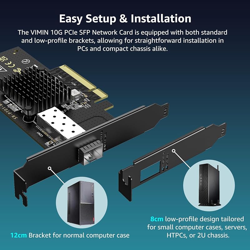 VIMIN 10Gb SFP PCIe Hálózati Kártya Intel 82599 Vezérlővel, Egyportos 10Gbps SFP+ Ethernet Adapter, Windows/Linux/VMware Kompatibilis