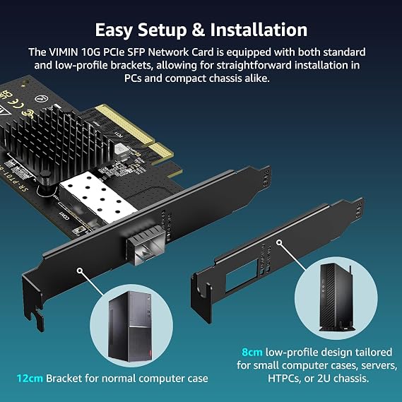 10Gb SFP PCIe Network Card with Intel 82599(X520-DA1) Controller, VIMIN 10G Ethernet Adapter NIC with Single 10Gbps SFP+ Port, Compatible Express PCIe X8 & X16, Support Windows 7/8/10/11/Linux/VMware