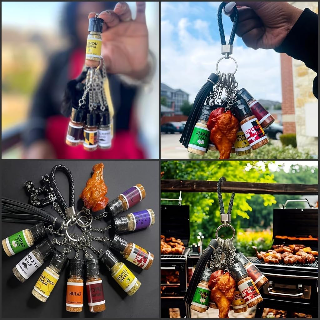 Mini Seasoning Keychain Set with 9 Portable Spice Bottles - Leak Proof Realistic Travel Containers for BBQ, Camping, Picnic, Cooking Outdoors